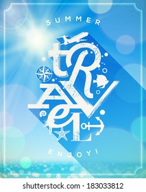 Summer travel type design with summer things against a sunny seascape - vector illustration