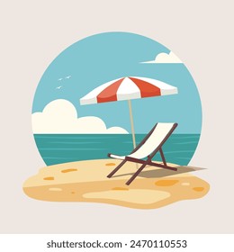 Viajes de verano. Sombrilla y silla de playa. Ilustración vectorial de diseño plano