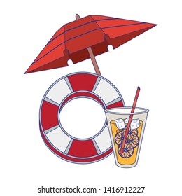 Summer and travel umbrella and float with juice cup cartoons vector illustration graphic design