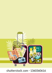 Summer travel or vacation accessories. Suitcase with mobile phone, map, perfume, hair dryer, ticket, camera and clothes. Colorful vector background in flat style.