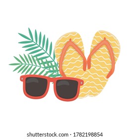 summer travel and vacation beach sunglasses flip flops and leaves isolated design icon vector illustration
