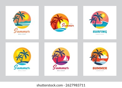 Summer travel vacation concept business logo set vector illustration in circle shape. Paradise beach coast color graphic signs. Graphic design elements.	