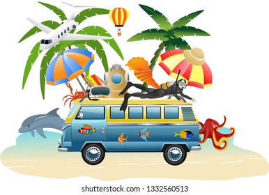 Summer travel and vacation concept, elements and equioments set, advertising.