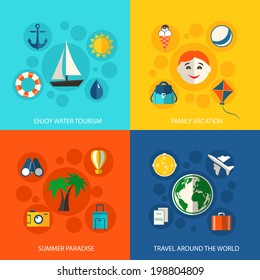 Summer travel vacation concept flat icons set of water tourism family trip tropical paradise and around the world flight for infographics design web elements vector illustration