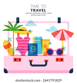 Summer travel vacation concept. Vector illustration of swimsuit, sunglasses, sunscreen, passport, ticket in open suitcase. Holiday tours banner or poster design elements