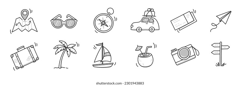 Summer travel vacation drawn icon set. Hand drawn sketch doodle style summer trip, vacation icon. Camera, travel bag, palm doodle element. Funny tourism vector illustration.