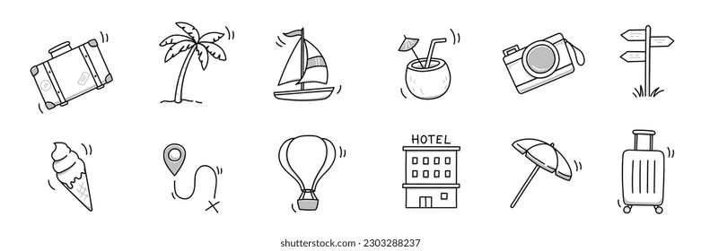 Summer travel vacation drawn icon set. Hand drawn sketch doodle style summer trip, vacation icon. Camera, travel bag, palm doodle element. Funny tourism vector illustration.