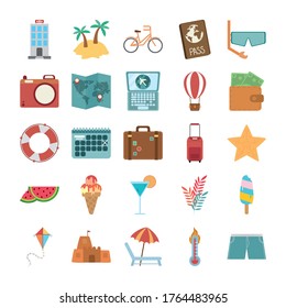 summer travel and vacation in flat style isolated icons set vector illustration