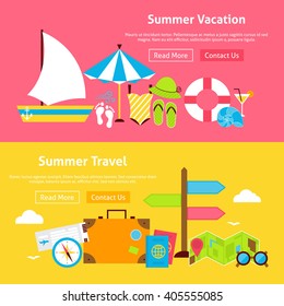 Summer Travel Vacation Flat Website Banners Set. Vector Illustration for Website banner and landing page. Summertime and Beach Resort Modern Design.