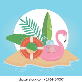 summer travel and vacation float flamingo lifebuoy juice and tropical leaves vector illustration
