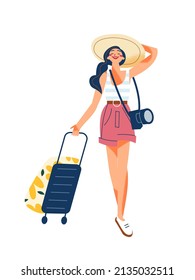 Summer travel vacation of happy girl in hat vector illustration. Cartoon young woman walking, lady passenger holding baggage and camera