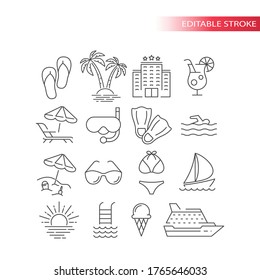 Summer Travel, Vacation Or Holiday Vector Icon Set. Beach, Hotel, Palm Tree, Swimsuit Summer Tourism Icons, Outline, Editable Stroke.