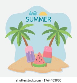 summer travel and vacation ice cream in stick slice watermelon beach palms vector illustration