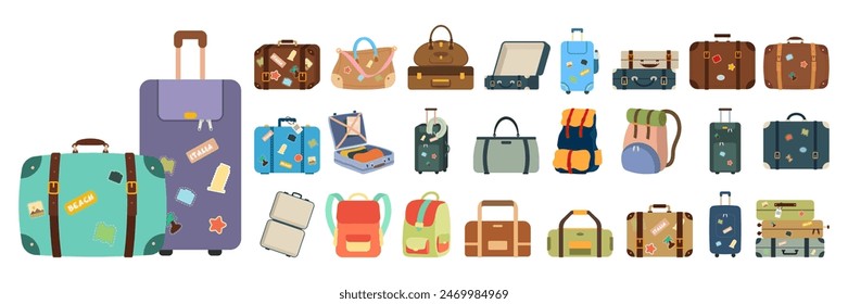 Vacaciones de viaje de verano Iconos equipaje. Estilo plano. Maletas y mochilas. Ilustración vectorial