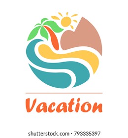 Summer travel vacation logo concept in circle shape. Sea resort, waves, mountains, sun, and palm tree. Paradise beach color graphic sign. Vector illustration.