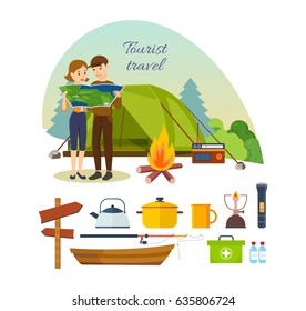 Summer travel and vacation outdoor. Couple with map in hands, engaged in hiking, camping, as well as basic equipment and tools in joint hikes. Modern vector illustration isolated on white background.