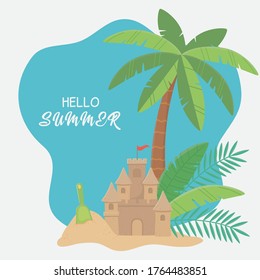 summer travel and vacation sand castle shovel palm tree sand beach vector illustration