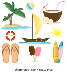 Summer travel vacation. Set of tourism icons in flat design.      