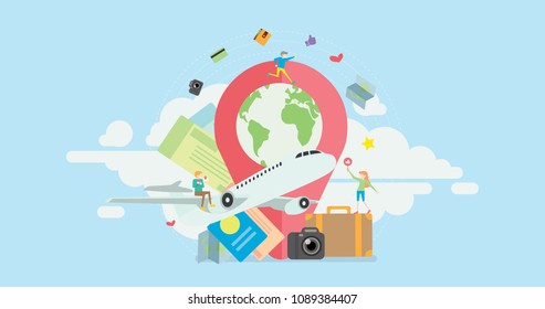 Summer Travel Vacation Tiny People Character Concept Vector Illustration, Suitable For Wallpaper, Banner, Background, Card, Book Illustration, Web Landing Page, and Other Related Creative