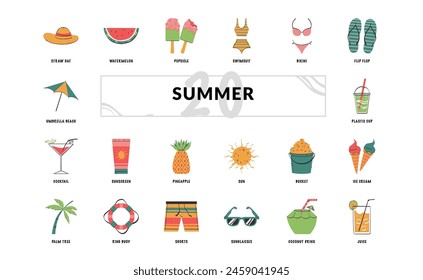 Summer travel vacation tropical detailed handdrawn doodle icon set