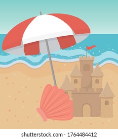 summer travel and vacation umbrella shell sand castle beach vector illustration