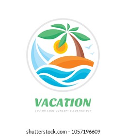 Summer travel vacation vector logo concept illustration in circle shape. Paradise beach color graphic sign. Sea resort, sun, palm tree and waves.