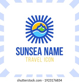 Summer travel vacation vector logo concept illustration in circle shape. Paradise beach color graphic sign. Sea resort, sun, mountains, palm tree and waves.