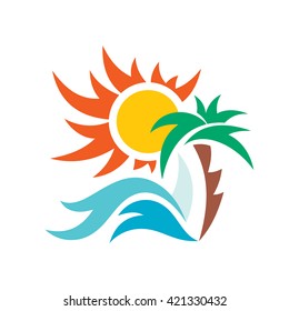 Ilustración de concepto de logotipo de Vector de vacaciones de verano. Señal gráfica de color de playa del paraíso. Resort marítimo, sol, palmeras, olas y vela. 