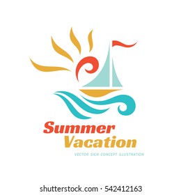 Summer travel vacation vector logo concept illustration. Paradise resort color graphic sign. Sea waves, sun and sail.