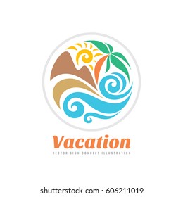 Summer travel vacation vector logo concept illustration in circle shape. Paradise beach color graphic sign. Sea resort, sun, mountains, palm tree and waves.