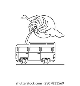 Summer travel van outline icon. Vacation surf bus or Caravan with sunset, clouds, and palm tree on tropical beach. Vector illustration logo template in trendy flat retro style.