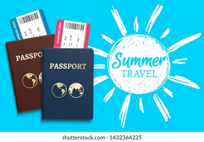 Summer travel vector background with sketch sun and realistic passports. Illustration of passport for tourism, vacation and holiday, journey ticket