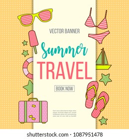 Summer travel vector banner in candy colors.