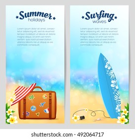Summer travel vector banners set with traveler's suitcase, red striped hat and surfing board on sandy beach background with Bali flowers frame