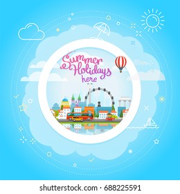 Summer travel vector concept. Vacation travelling illustration with cityscape