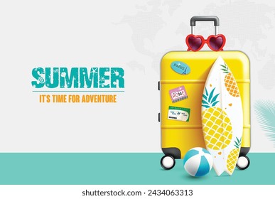 Summer travel vector design. Summer tours and travel with yellow luggage bag, surfboard and sunglasses for tropical season holiday background. Vector illustration summer travel design. 
