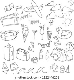 Summer, travel vector doodle set