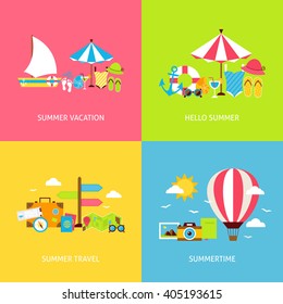 Summer Travel Vector Flat Concepts Set. Flat Design Vector Illustration. Collection of Summertime Vacation Colorful Objects. 