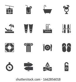 Conjunto de iconos vectoriales de viaje de verano, colección moderna de símbolos sólidos, paquete pictograma estilo relleno. Señales, ilustración del logotipo. El juego incluye iconos como tumbona de playa, brújula, piscina, cable-tren