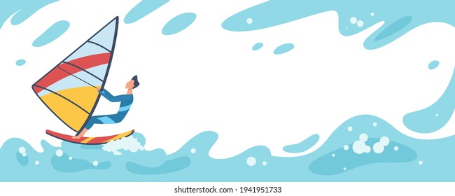 Summer travel vector illustration. Cartoon young sporty surfer man character riding on big blue sea or ocean surf waves, surfing beach paradise, extreme water sport banner, summertime background