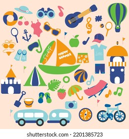 Summer travel vector illustration. Vector includes Boat, balloon, diving, bicycle, ball, rubber ring, umbrella, bikini, guitar, camera, camping, surf board, lighthouses, camper. Flat design icon.