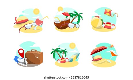 Verão e viagem vetor ilustração pacote, estilo plano ilustração colorida, praia ícone pack