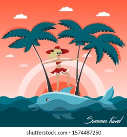 Summer travel vector illustration. Tropical beach lifestyle. Nature wallpaper. Sea voyage. A dolphin ride.