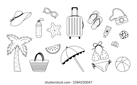 Summer Travel Vector Set. Collection of hand-drawn vacation and beach essentials outline icons. Suitcase, palm tree, beach umbrella, swimsuit, sunglasses, sun hat, flip-flops, and more.