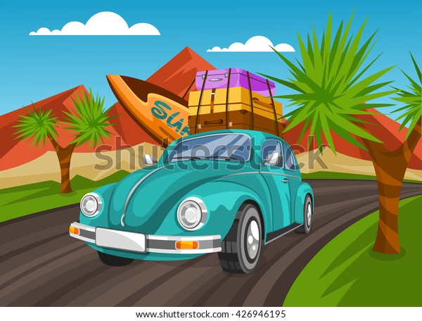 Summer travel vintage\
car with surfboards 