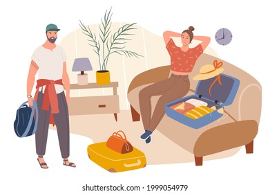 Summer travel web concept. Couple packing clothes in suitcases and going on vacation. Man and woman go at resort together. People scenes template. Vector illustration of characters in flat design