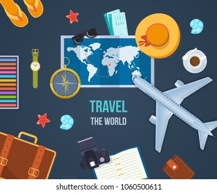 Summer travel the world. Air travel by plane, journey, vacation, trip, rest on the sea, objects necessary on a trip and brought from a place of rest. View from above. Vector illustration.