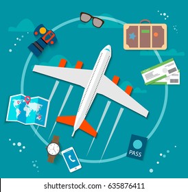 Summer travel. To the world. Vacation. Road trip. Tourism. Airplane, trip to the sea, beach and rest