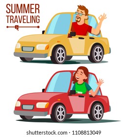 Summer Traveling By Car Vector. Male, Female. Girl And Boy In Summer Vacation. Driving Machine. Rides In The Car. Road Trip. Side View. Isolated Flat Cartoon Illustration
