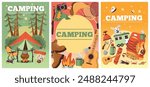 Summer traveling cards. Camping equipment. Nature recreation. Hiking trip elements. Tent and campfire. Tourists backpack. Trekking boots and guitar. Wild forest camp